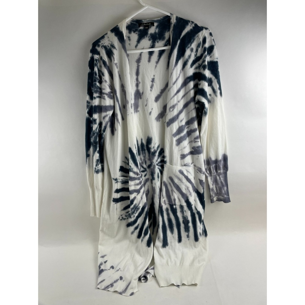 Charlie Sweater Women's Size Medium Gray White Tie Dye Open Cardigan Long Sleeve